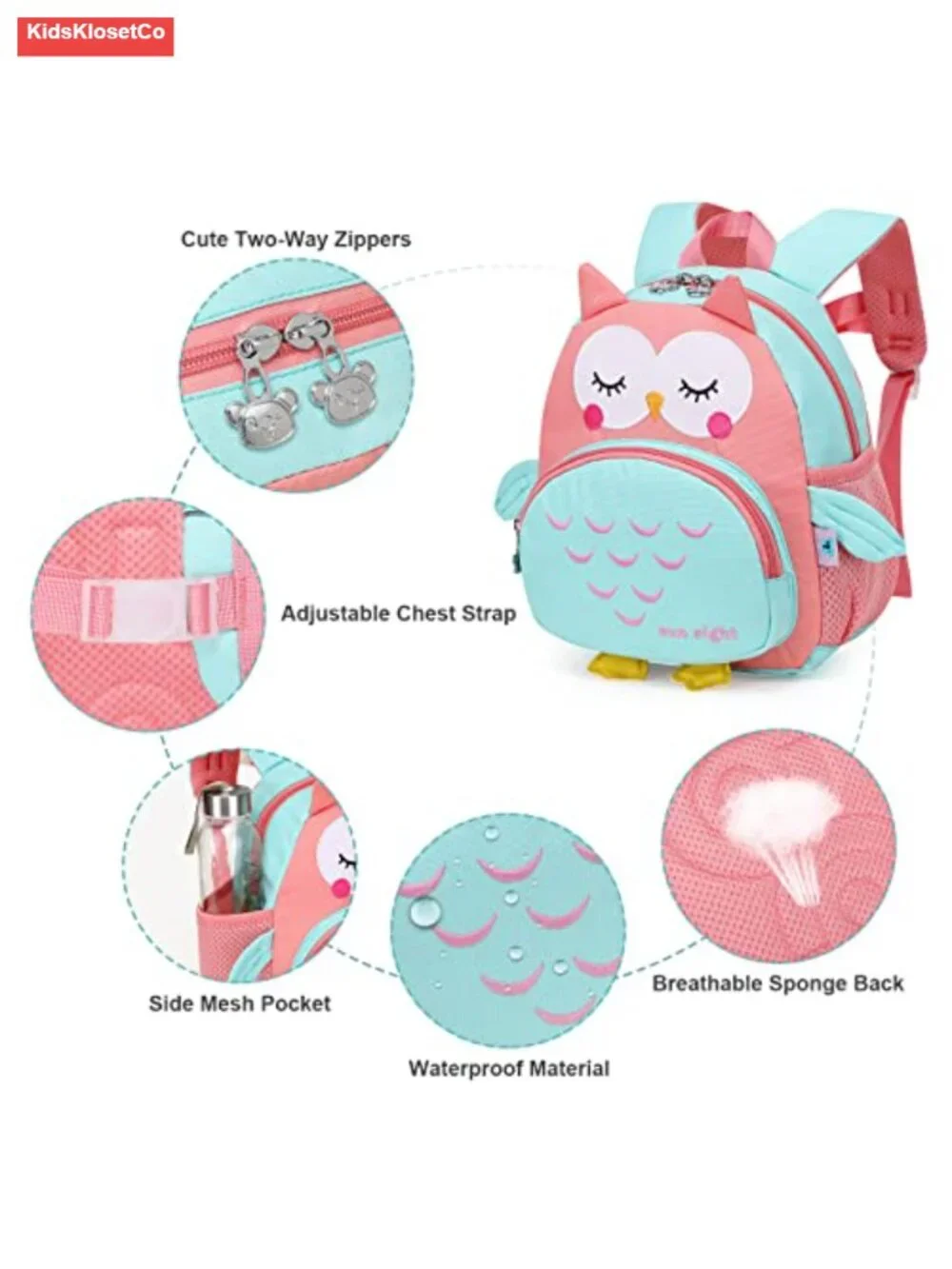 Lightweight Water-Resistant Toddler Backpack with Chest Strap, Cute Owl Design
